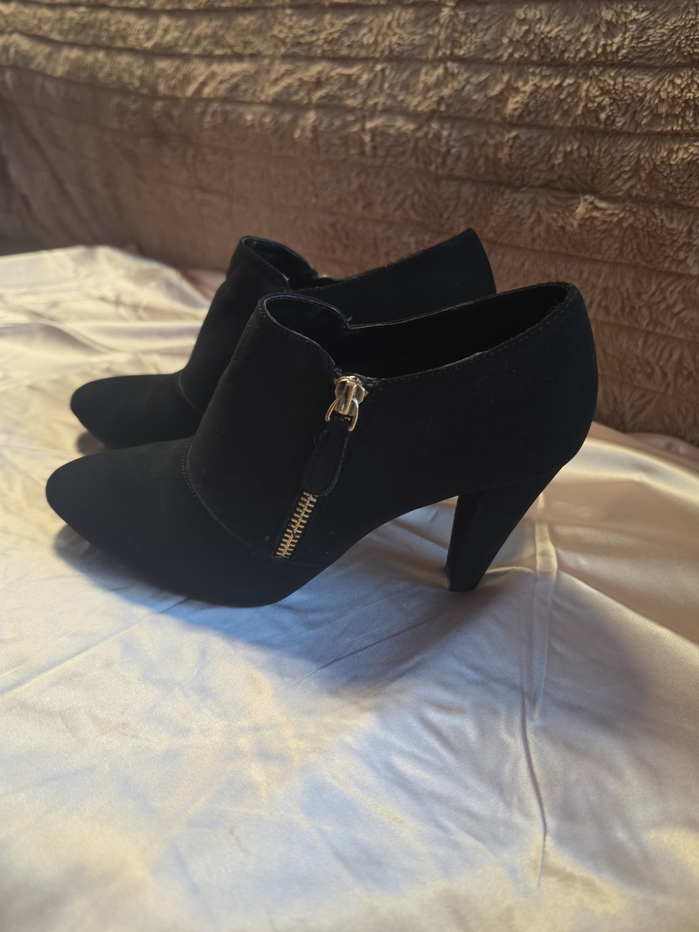 Impo Black Suede Pointed Toe High Heel Ankle Booties with Gold Zip